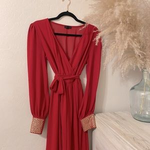 Elegant Red Dress with Gold Studded Cuffs